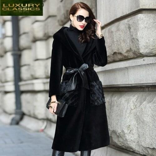 Fur Natural Sheep Shearing Coat Female Winter Wool Jackets Women Hooded Mink Fur Pockets Slim Long Belt Clothes LWL1371