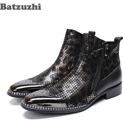 Batzuzhi POP Men Boots Super Star Men Leather Ankle Boots Men Black Pointed Metal Tip Party and Wedding botas hombre, Big US6-12