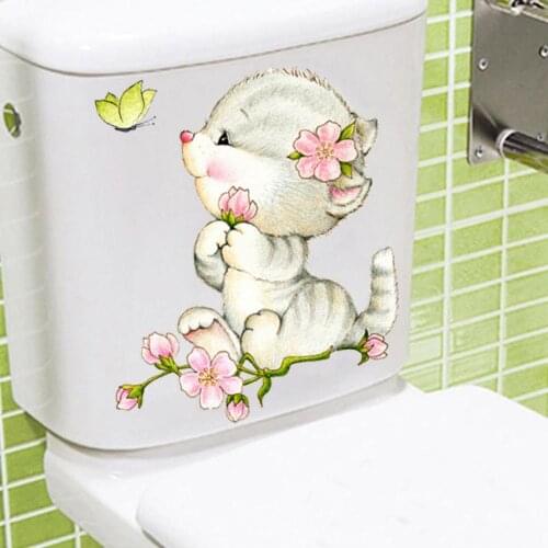 Toilet Lid Sticker Cute Cat Shh Toilet Removable Art Vinyl Mural Home Room Bathroom Waterproof Decoration Wall Sticker Bathroom