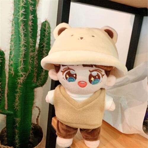 Free Shiping 15cm 20cm KPOP EXO BaekHyun Plush Doll Clothes Outfit Bear Hat T-shirt Vest Pants 4pcs Suit Baby Dolls Accessories