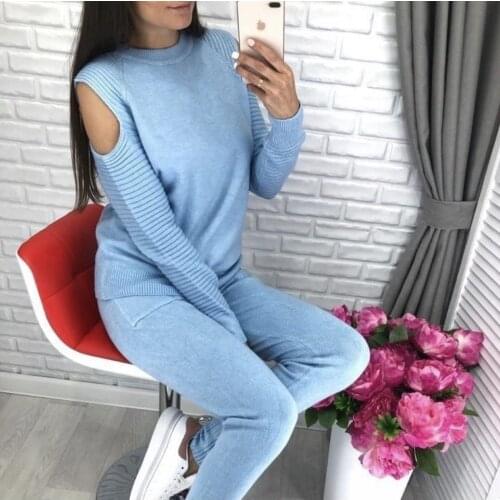 TYHRU Autumn Women Knitted Suits Costume Solid Hollow Out Sleeves Knitted Pullovers + Long Trousers 2 Piece Set