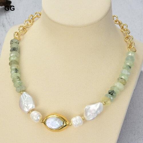 JK 20'' Freshwater White Pearl Green Prehnite Chain Necklace