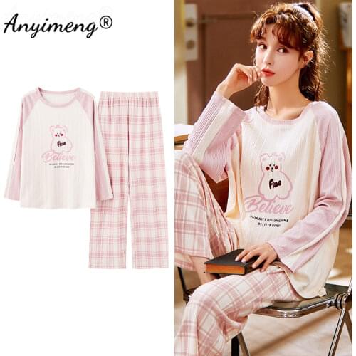 Girls Pajamas Set Autumn Winter New Leisure Sleepwear for Women Fashion Cute Bear Printing Plaid Pants Lady Pajama Homeclothes