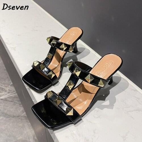 Fashion French Square Toe High Heels Women Sandals New Rivets Sandals Summer Casual Sandals Half-drag Woman Slippers Sandales