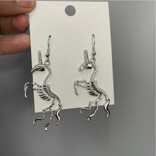 Hip Hop Unicorn Skeleton Silver Color Dangle Earrings for Women Punk Cool Unique Skull Drop Earrings Harajuku Trendy Jewelry New