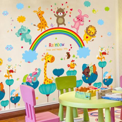 Animals Wall Stickers DIY Cartoon Rainbow Clouds Mural Decals for Kids Rooms Baby Bedroom Children Nursery Home Decoration