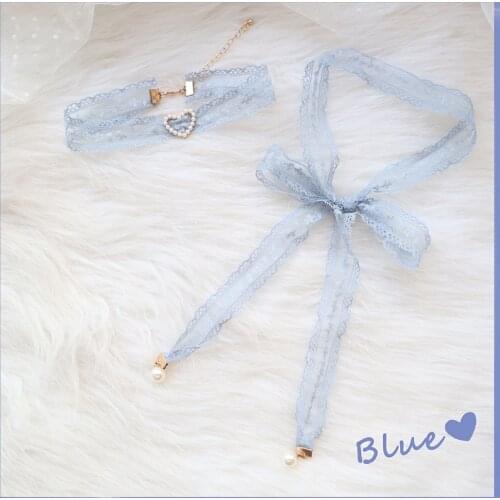 Japanese Winter New Necklace Jewelry Gray Blue Lace Imitation Pearl Choker Necklace Short Clavicle Chain Necklace Female
