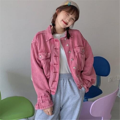 Fried Street Jacket Pink Denim Jacket Women 2021 Spring and Autumn Fashion New Short Lapel Long Sleeve Retro Top Trend H117