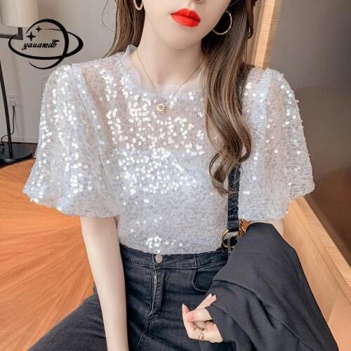 S-xl Womens T Shirts Summer Female Puff Short Sleeve O-Neck Sexy & Club Straight Sequins Lace Ladies Top Tees Clothes Hy39