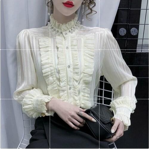 Victorian Vintage Chiffon Blouse Women Clothes Temperament Palace Blouse Women Butterfly Long Sleeve Goddess Spring Solid Ruffle