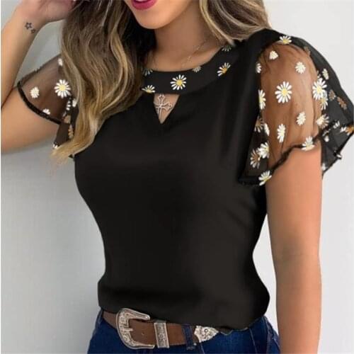 Women Ruffles Short Sleeve Summer Fashion Casual Flower Embroidery Cutout Mesh Sheer Tops Slim Vintage Pullover Tee