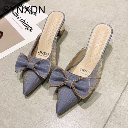 Apatos de mujer de verano Summer Women Mules Shoes Office Ladies Bow High Heels Square Heels Pointed Toe Female Sandals