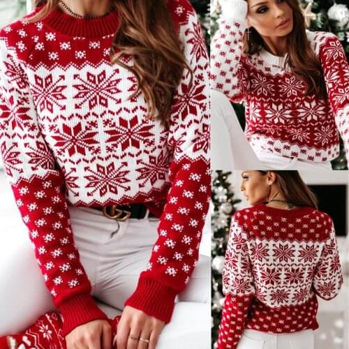 2020 Autumn And Winter New Christmas Sweater Womens Long-Sleeved Pullover Snowflake Base Knitted Top Short Fashion Casual