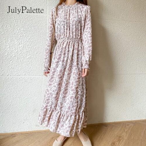 JulyPalette Elegant O-neck Floral Maxi Dress 2021 Spring Summer Holiday Style Printed Women Dress High Waist Ruffled Dresses