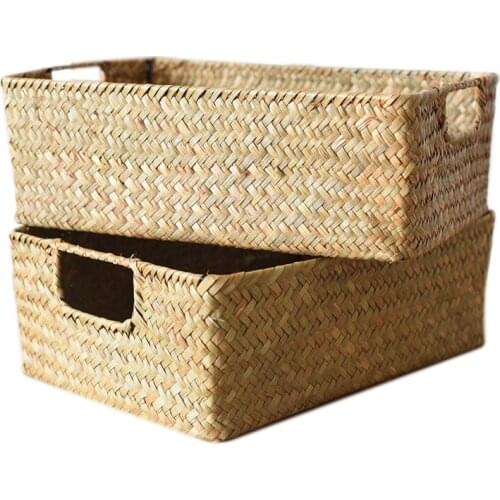 2Pcs Hand-Woven Storage Basket Clothing Storage Basket Grass Woven Rectangular Storage Basket Sundries Organizer