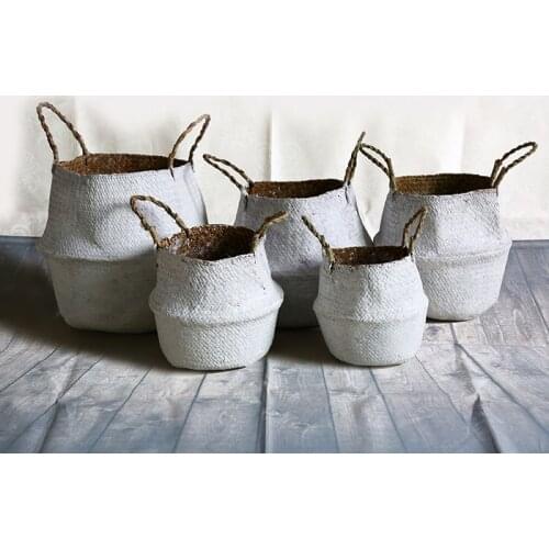 White Storage Baskets Seagrass Woven Basket Foldable Laundry Clothes Toy Organizer Flower Plant Container Home Organization