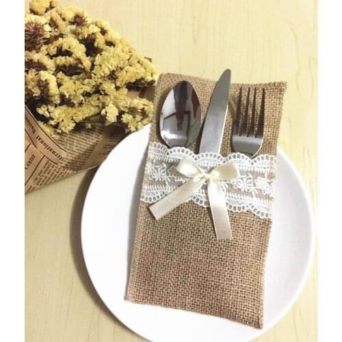 Free shipping 50 pieces of Lace linen tableware bag holiday wedding knife fork bag red wine bag