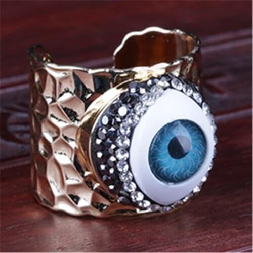 Big evil eye protection bead charm pave black white rhinestone wrapped resizable wide gold open hammered ring cuff for woman man