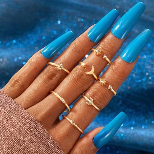 Docona 7pcs/sets Bohemia Star Crescent Joint Rings for Women Geometric Opening Crystal Stone Midi Rings Set Jewelry Anillos