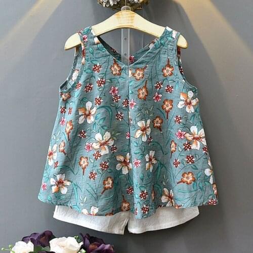 Girls Sets 2020 Summer New Childrens Clothing Girls Retro Printing V-Neck Sleeveless Vest + Shorts Two-Piece Suit