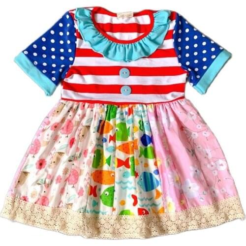 100% cotton Toddler Summer multicolor with print ruffles Baby Girls dress Hot Sale New style Dress red streak