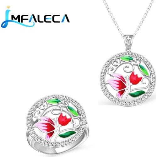 LMFALECA 925 Sterling Silver Necklace Ring Jewelry Set for Women Red Green Enamel Flower Pendant Box Chain Elegant Fine Jewelry