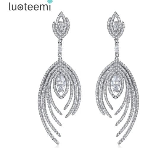LUOTEEMI Luxury New Brilliant Elegand Zircon Micro Paved Big Dangle Earrings for Women Fashion White Gold-Color Jewelry