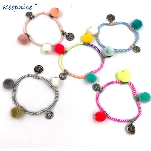 New Arrival Rolo Chain Face Lace-up New Bohemia Boho Summer Sea Beach Pompoms Colorful Polymer Beaded Bangle For Women