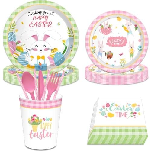 Easter Time Disposable Tableware Cartoon Rabbit Plate Cups Napkins Wishing You A Happy Easters Day Party Decor For Home 2021