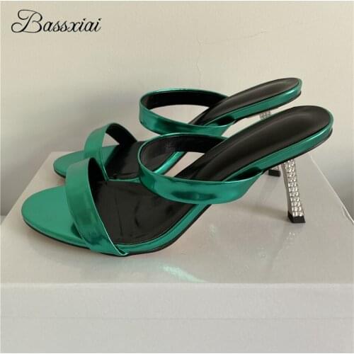 Bright Patent Leather One-Strap Party Shoes Woman Crystal Rhinestone Thin High Heels Slingbacks Summer Sandals Women