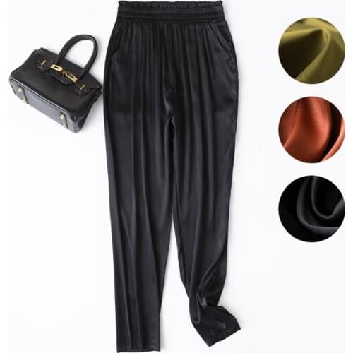 Womens 93% Silk 7% Spandex Satin Silk Long Pants Trousers Harem Pants fashion elastic waist many colors L1013