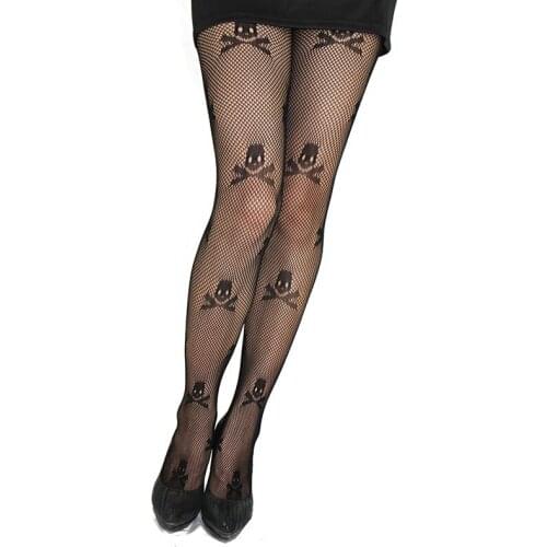 2 pcs Women Thigh High Tights Fishnet Mesh Skull Print Sexy Stay Up Punk Stretch Pantyhose
