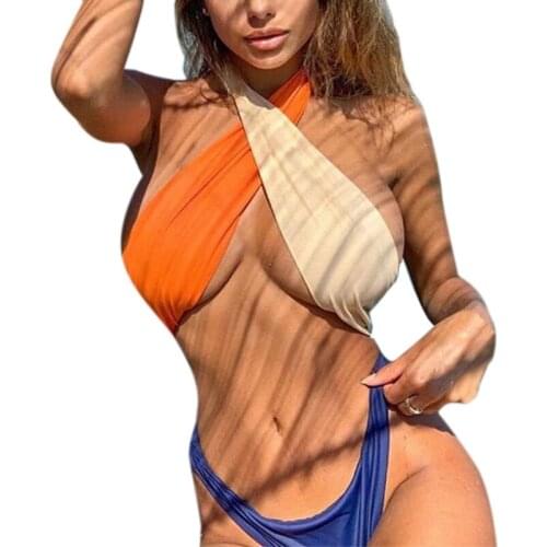 Women Sexy Front Cross Cutout Swimsuit Thong Bikini Ladies Beach Swimwear Backless Bathing Suit