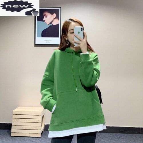 Winter Thicken Warm Loose Faux 2 Piece Hooded Casual Sweatshirt Female Street Sweet Solid Color Long Sleeve Pullover Hoodies