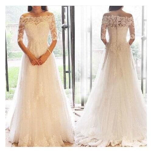 Free shipping sexy appliques 2016 casamento vestido de noiva renda bride a-line beading Bridal Gown vintage lace wedding dress