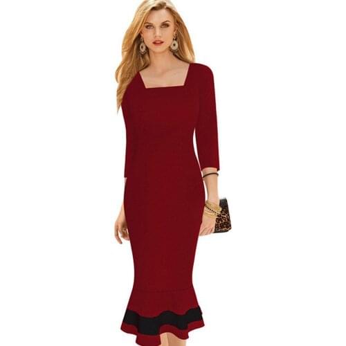 Womens Square Collar Elegant Stretch Business Dress Fishtail Formal Party Pencil Slim Dress