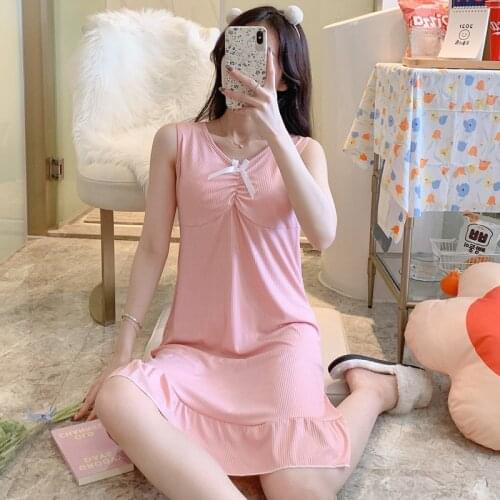 Vest Knitted Nightdress with Bra Pad Detachable Milk Silk Summer New Nightgown Womens Housewear One Piece Skirt Sleepwear