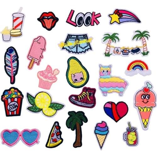 100pcs/lot Embroidery Patch Carrot Sheep Coconut Cream Lemon Heart Rainbow Drink Cake Feather Sneakers Clothing Decoration Iron