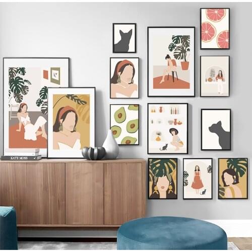 Abstract Girl Fruit Plant Leaves Wall Art Canvas Painting Nordic Vintage Posters And Prints Wall Pictures For Living Room Decor