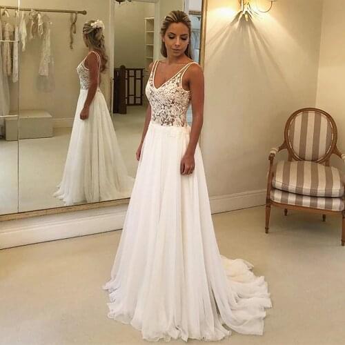 Alagirls 2020 Summer Beach Wedding Dress Chiffon Embroidery Backless A-Line Boho Bridal Dresses Court Train Wedding Gowns