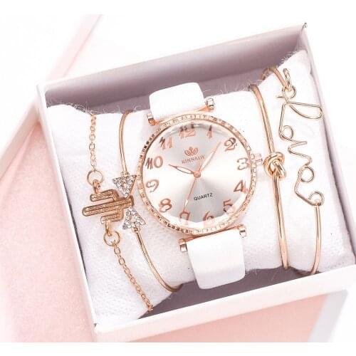 5pcs Set reloj mujer Band Casual Dress Watches Set Leather Quartz Clock Ladies Wrist Watch Womens Bracelet Wriswatch Gift