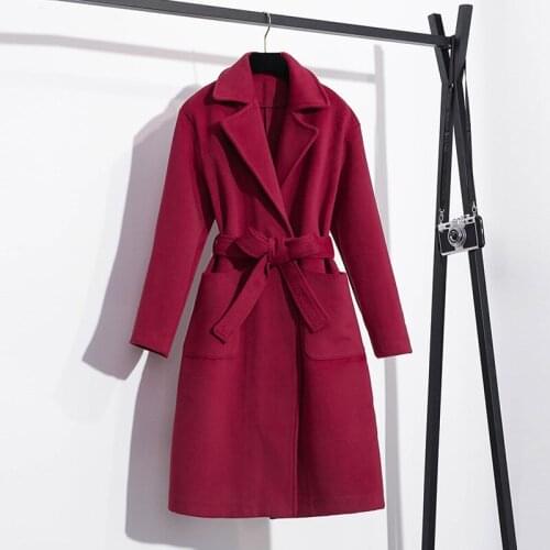 Double-sided fleece ladies woolen coat mid-length faux cashmere woolen coat in autumn and winter ladies lace-up waist coat