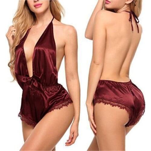 Hot Summer Women Sexy Lingerie Backless Deep V-Neck ice Silk Sleeveless Jumpsuit Sleepwear Elegant Erotic Nightwear Plus Size