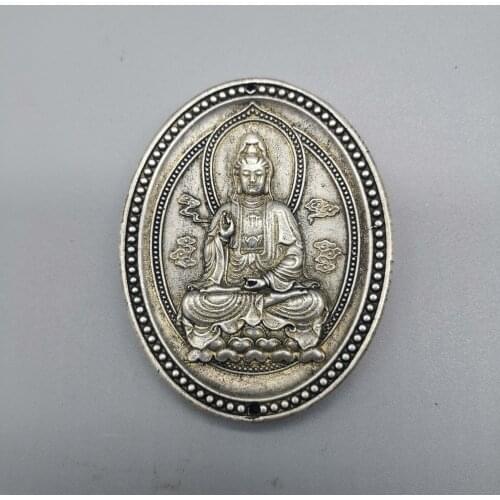 Chinese Tibetan Silver Engrave “ Guanyin ” Amulet Auspicious Waist Tag Pendant Metal Handicraft