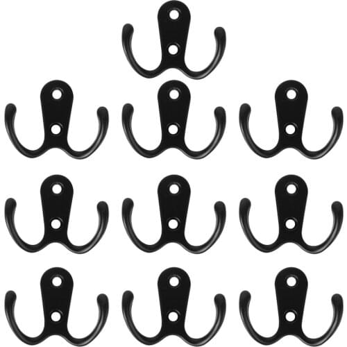 10pcs 2-Pronged Coat Hooks Wall-mounted 2 Hole Towel Hanger for Coats Hats Clothing(Black)