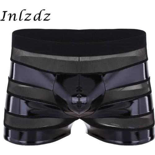Mens Erotic Lingerie Leather Underwear Wetlook Leather Mesh Patchwork Sexy Unerpants Stripe Low Rise Boxer Briefs Gay Panties