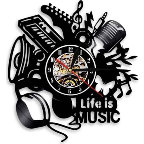 Music Is Life Inspirational Quote Wall Art Wall Clock Musical Instructment Decorative Vinyl Record Clock Music Lover Gift