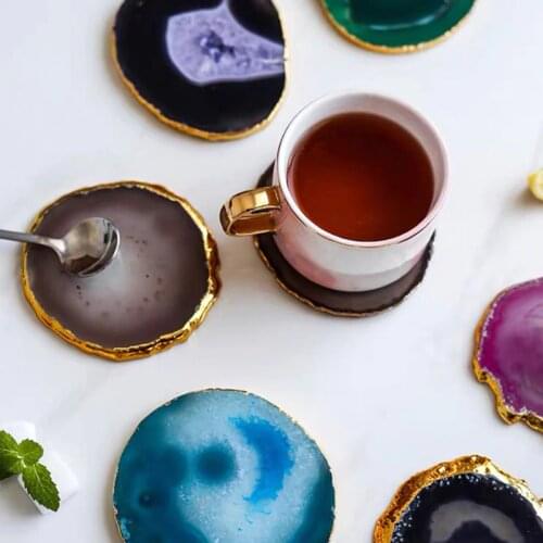 Natural agate slices coaster Polished Agate Gems Crafts Pad coasters gilt lace mineral decoration Stone Holiday Gift