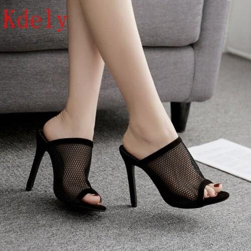 2020 Women Shoes Fashion Black Summer Sandals Peep Toe High Heel Sandals Net Surface Hollow Out Sandals