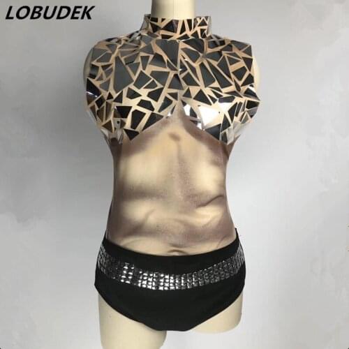 Sexy Muscle Man Women Stage Costumes Bar DJ Singer Pole dancing Performance Dance Wear Sparkly Mirrors Sequins Bodysuit Catsuit